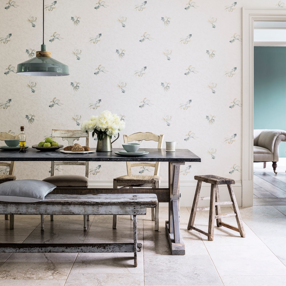 Fantail Wallpaper 216285 by Sanderson in Ivory Flint Grey